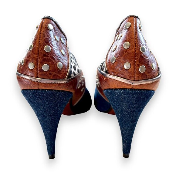 Vintage Leather, Denim & Cowhide Studded Boho Heels - Picture 7 of 12